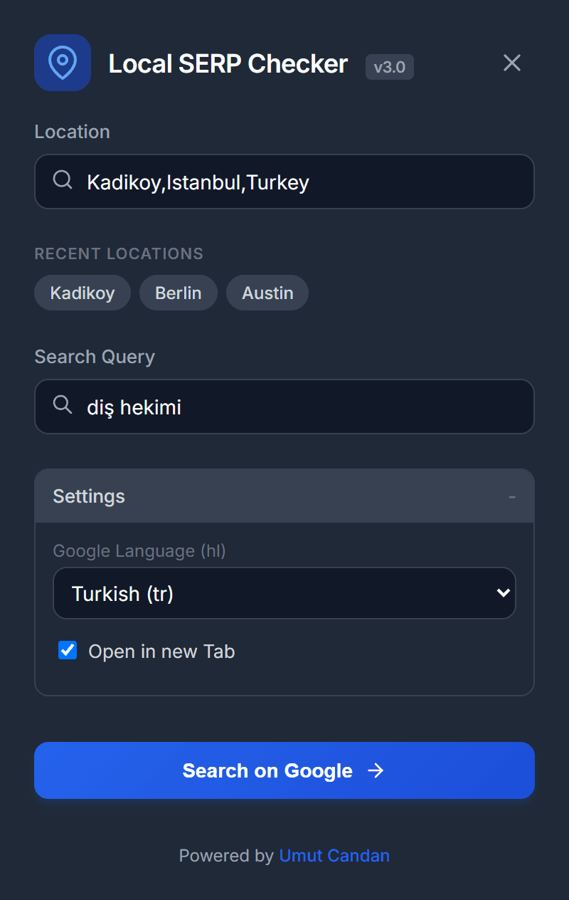 Local SERP Checker penceresi dolu: konum Kadikoy,Istanbul,Turkey, sorgu "diş hekimi", Google dili Türkçe; yerel sonuçları açmaya hazır