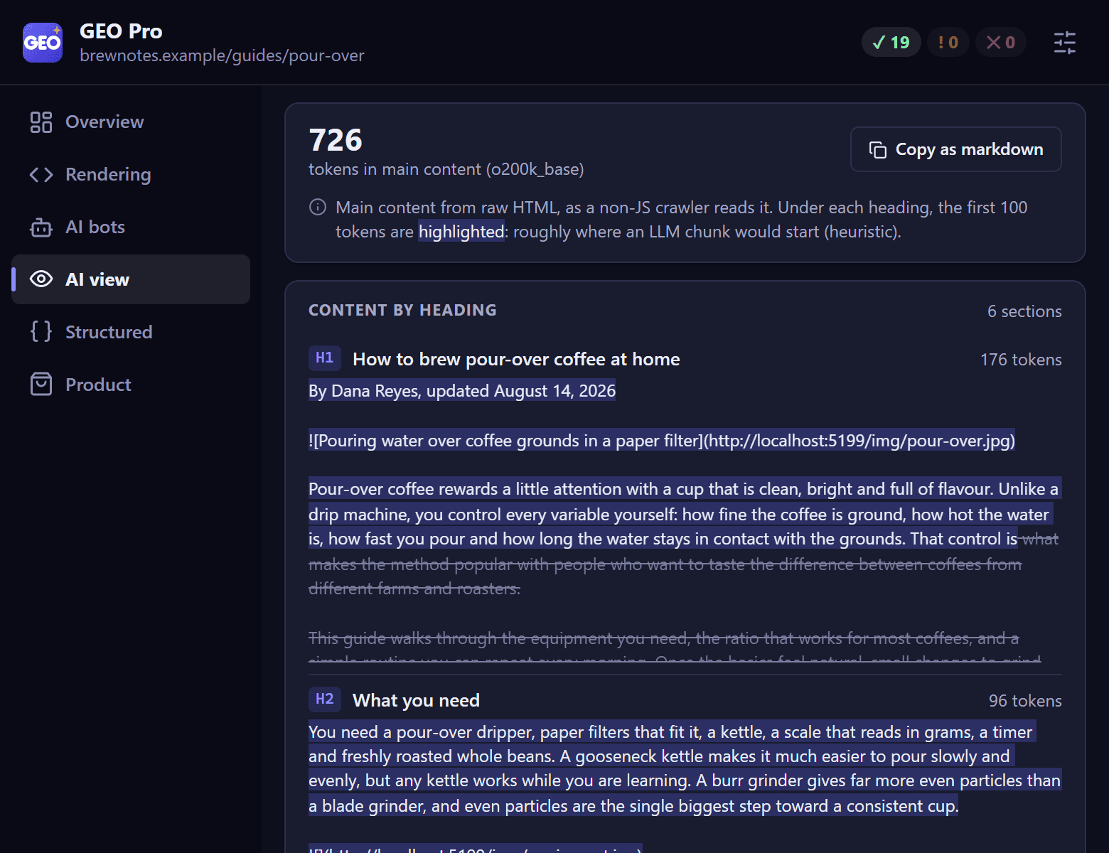 GEO Pro, AI view tab: the main content as a non-JS crawler reads it, with token counts per heading