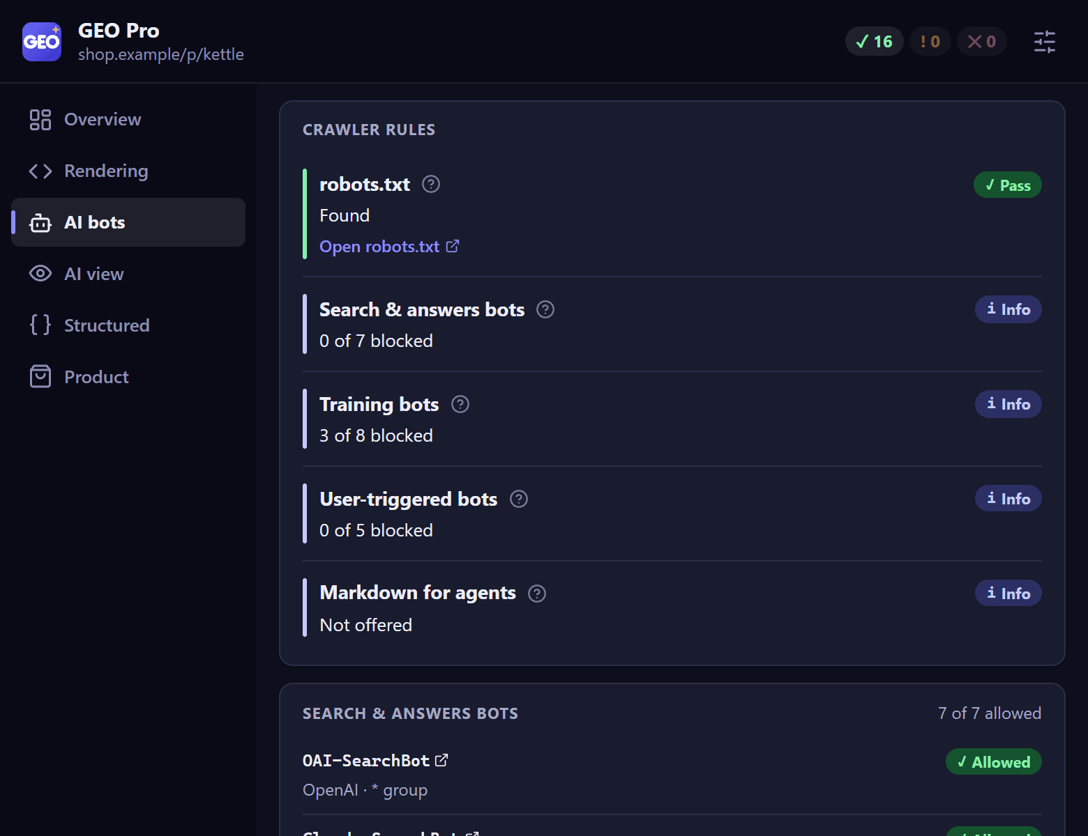GEO Pro, AI bots tab: which search, training and user-triggered bots the site's robots.txt lets in
