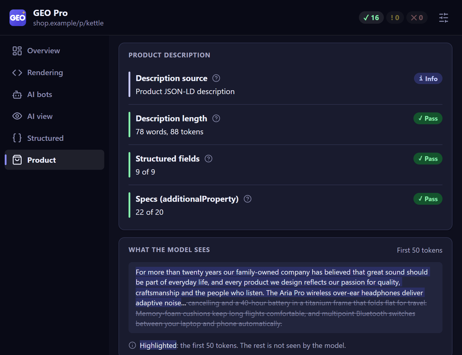 GEO Pro, Product tab: the part of a product description that fits in the first 50 tokens; the rest is struck through