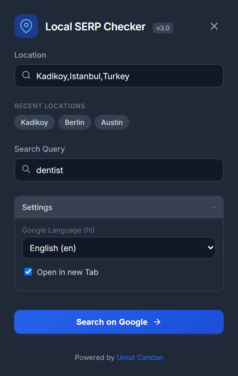 Local SERP Checker popup filled in: location Kadikoy,Istanbul,Turkey, query "dentist", Google language English, ready to open the local results