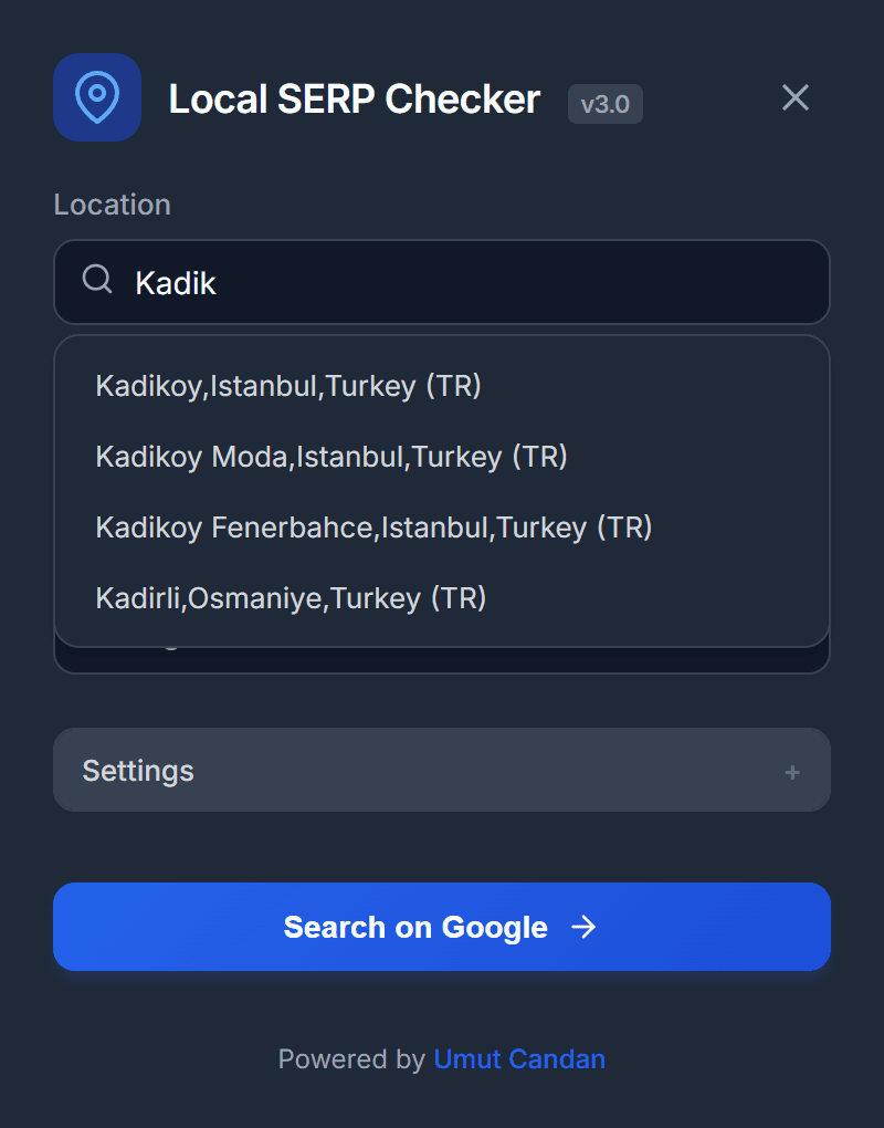 Local SERP Checker popup: typing "Kadik" suggests canonical location names such as Kadikoy,Istanbul,Turkey